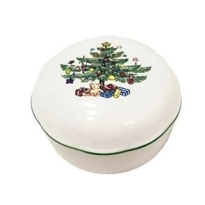 Nikko Porcelain Christmas ROUND Candy Dish Trinket Box Domed Lid Christmas Tree